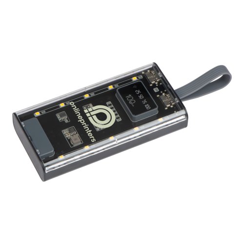 Schwarze Powerbank aus Kunststoff mit 10.000 mAh Ladekapazit�t und Trageschlaufe.