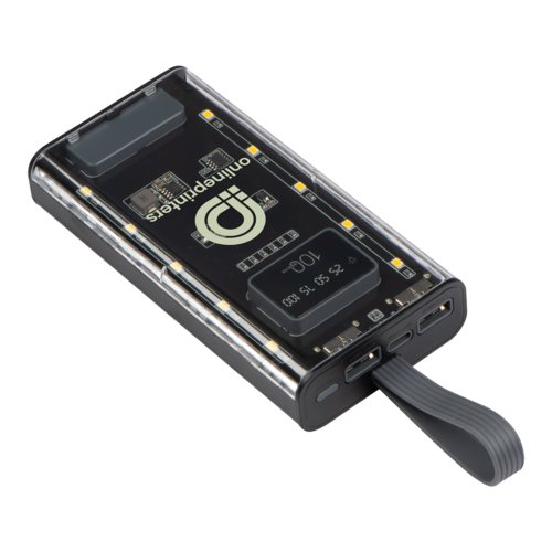 Transparente Powerbank mit USB Anschl�ssen und Trageschlaufe.