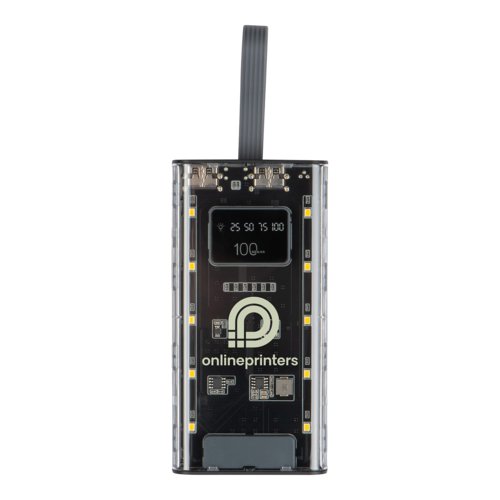 Transparente Powerbank mit Batterieanzeige und USB-Anschl�ssen.