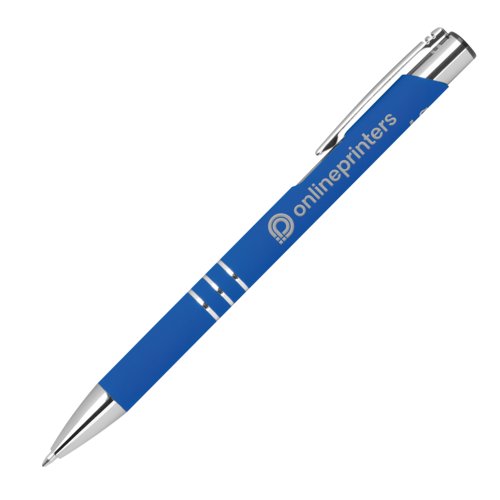 Blauer Gelstift mit Clip und Druckknopfmechanismus.