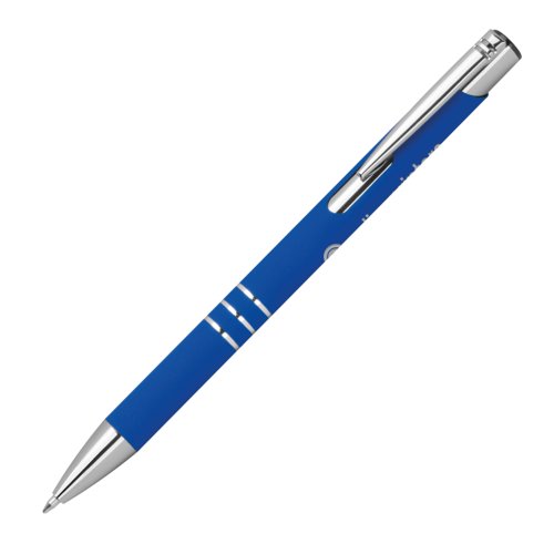 Blauer Gelstift mit Clip und Druckknopf.