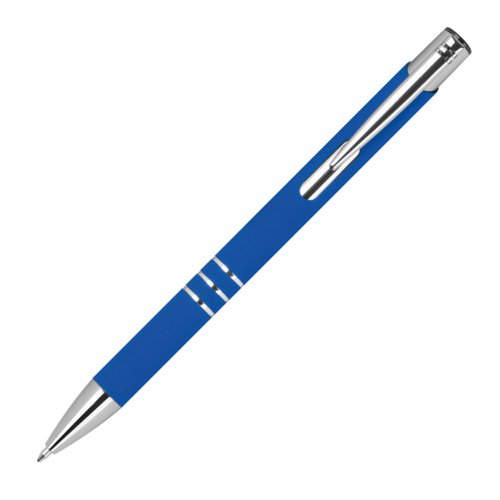 Blauer Gelstift mit Metallelementen und Druckmechanismus.