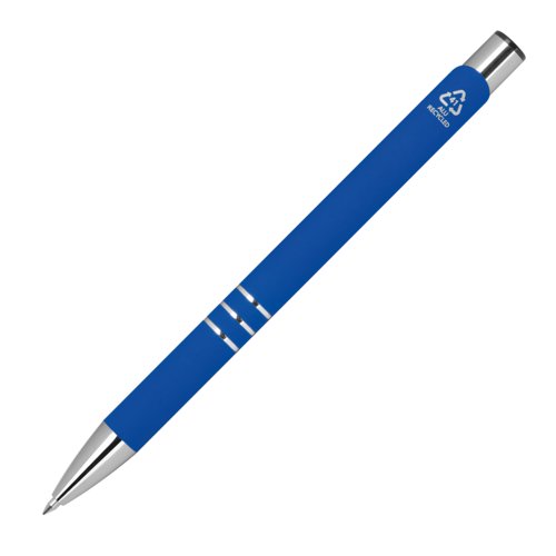 Blauer Gelschreiber mit Metallelementen und Kappe.