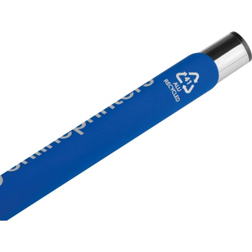 Blauer Gelschreiber mit Metallelementen und Muster.