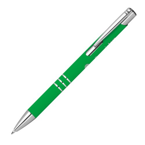Grner Gelschreiber mit Metallelementen und Clip.