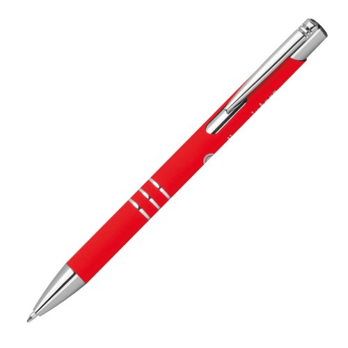 Roter Gelstift mit Muster, Metallelementen und Druckmechanismus.