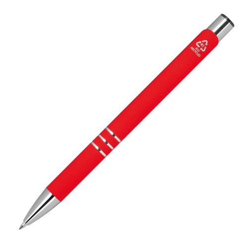 Roter Gelschreiber mit Metallelementen und Druckmechanismus.