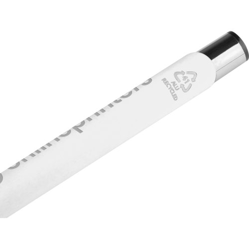 Weier Gelschreiber mit Metallelementen und Kappe.