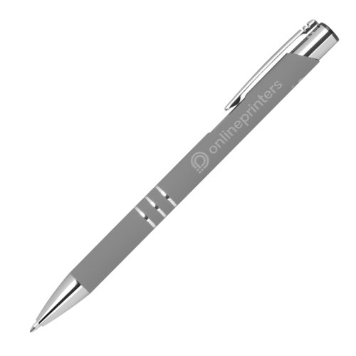 Anthrazitfarbener Gelstift mit Clip und Druckknopf.