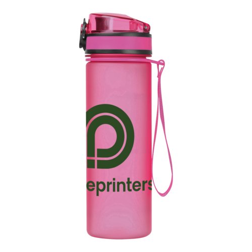 Pinke Tritan-Trinkflasche mit Deckel und Trageschlaufe.