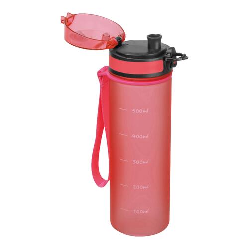 Pinke Tritan-Trinkflasche mit Trageschlaufe und Verschluss.