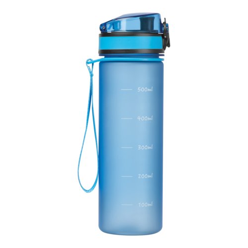 Helleblaue Tritan Trinkflasche mit Trageschlaufe.