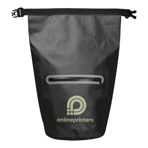 Schwarze, wasserdichte Tasche mit Reiverschluss und Clipverschluss.