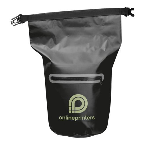 Schwarze, wasserdichte Tasche mit Muster und Reiverschluss.