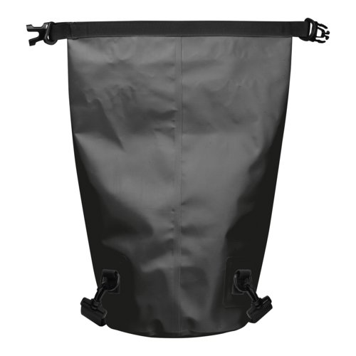 Schwarze, wasserdichte Tasche mit Rollverschluss und Schnalle.