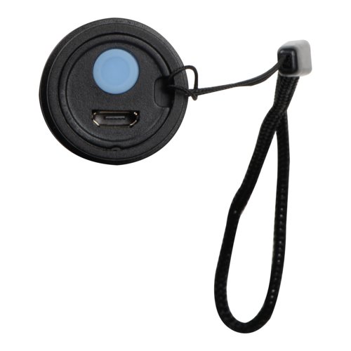 Schwarze, wiederaufladbare Taschenlampe mit Handschlaufe.