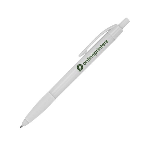 Weier Kunststoff-Kugelschreiber mit Clip und Druckknopf.