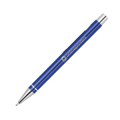 Blauer Gelstift mit Clip und Druckmechanismus.