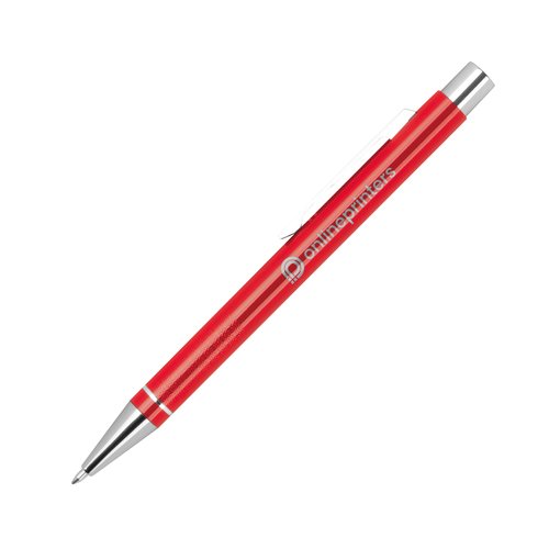 Roter Gelschreiber mit Clip und Druckmechanismus.