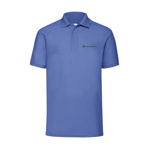 Blau meliertes Poloshirt aus Polyester-Baumwoll-Mischgewebe mit kurzer Knopfleiste.