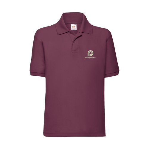 Burgunderfarbenes Kinder-Poloshirt aus Polyester-Baumwoll-Mischgewebe mit Piqu-Struktur.