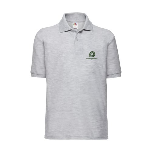 Grau meliertes Kinder-Poloshirt aus Polyester-Baumwoll-Mischgewebe mit kurzen rmeln.