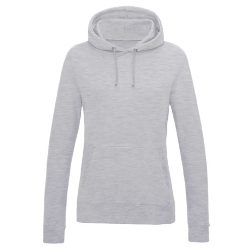 Grau melierter Baumwoll-Polyester-Hoodie fr Damen mit Kapuze und Kngurutasche.