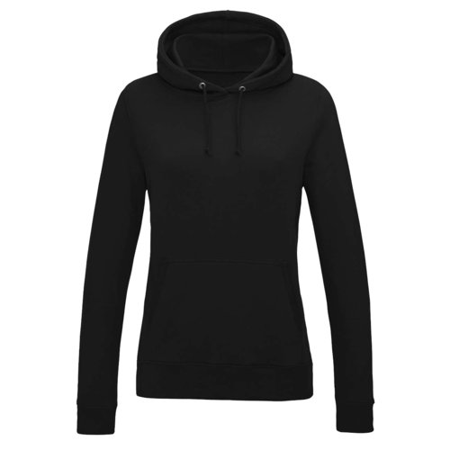 Schwarzer Baumwoll-Polyester-Hoodie fr Damen mit Kapuze und Kngurutasche.