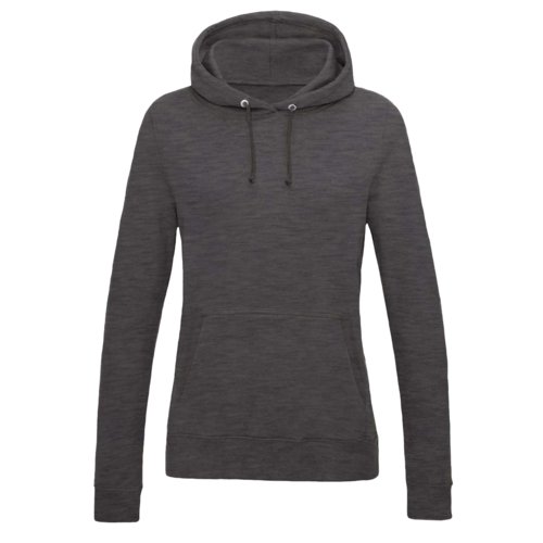 Anthrazitfarbener Damen-Hoodie aus Baumwollmischgewebe mit Kapuze und Kordelzug.