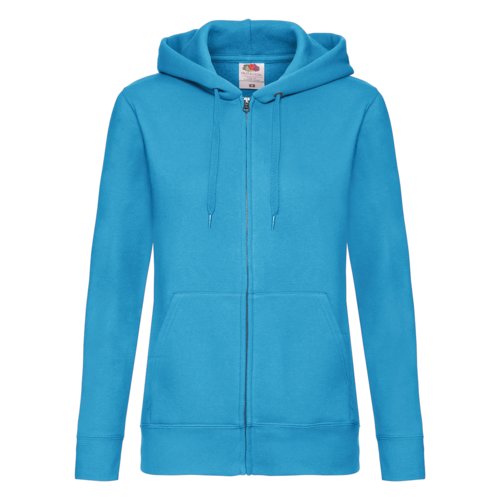 Azurblaue Damen-Kapuzenjacke aus Baumwollmischgewebe mit durchgehendem Reiverschluss und Taschen.