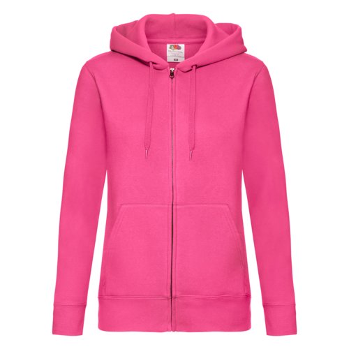 Pinke Damen-Kapuzenjacke aus Baumwollmischgewebe mit durchgehendem Reiverschluss und Kngurutasche.