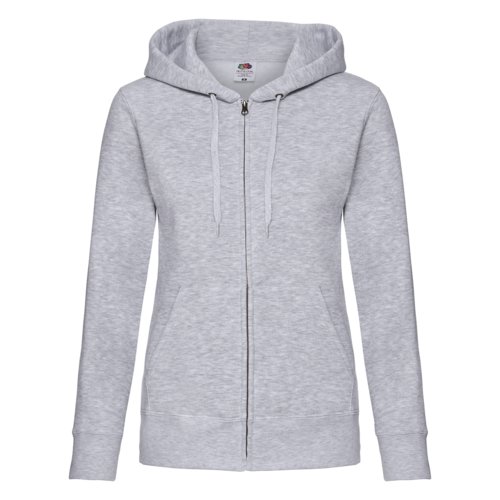 Grau melierte Baumwoll-Polyester-Kapuzenjacke fr Damen mit durchgehendem Reiverschluss und Taschen.