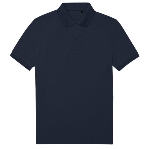 Marineblaues Polo-Shirt aus recyceltem Polyester und Baumwolle.