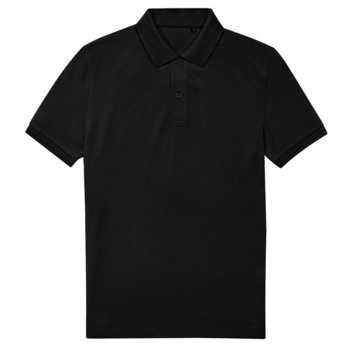 Schwarzes Polo-Shirt aus recyceltem Polyester und Baumwolle mit kurzer Knopfleiste.