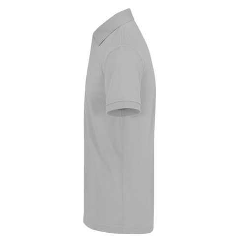 Graues Polo-Shirt aus recyceltem Polyester und Baumwolle.