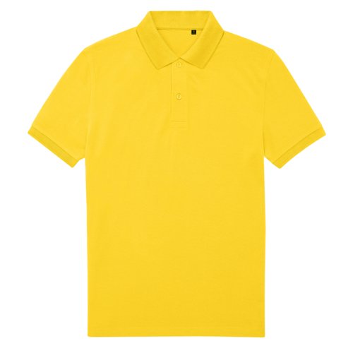 Gelbes Polo-Shirt aus recyceltem Polyester und Baumwolle mit kurzen rmeln.