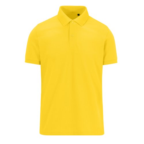 Gelbes Poloshirt aus recyceltem Polyester und Baumwolle, mit kurzen rmeln.