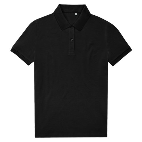Schwarzes Damen-Poloshirt aus recyceltem Polyester und Baumwolle.