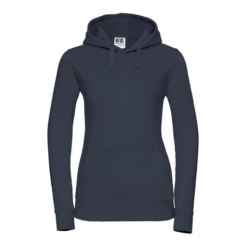 Marineblauer Baumwoll-Polyester-Hoodie fr Damen mit Kapuze und Kngurutasche.