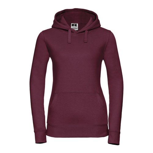 Burgunderfarbener Damen-Hoodie aus Baumwollmischgewebe mit Kapuze und Kngurutasche.