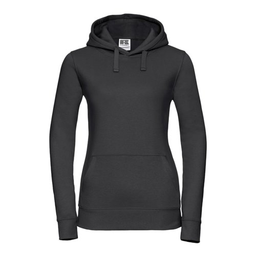 Schwarzer Baumwoll-Polyester-Hoodie fr Damen mit Kapuze und Kngurutasche.