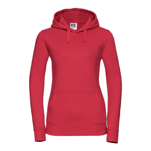 Roter Baumwoll-Polyester-Hoodie fr Damen mit Kapuze und Kngurutasche.
