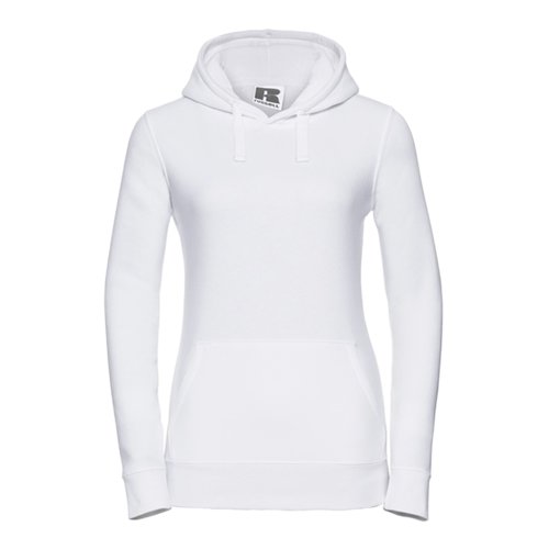 Weier Baumwoll-Polyester-Hoodie fr Damen mit Kapuze und Kngurutasche.