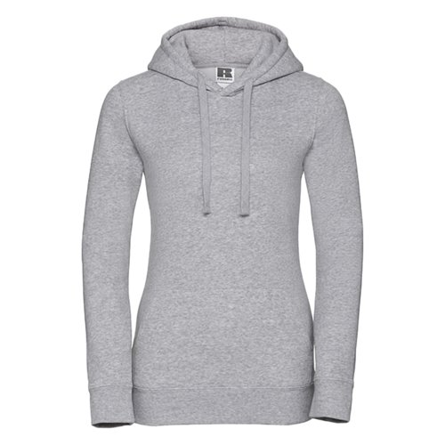 Grauer Baumwoll-Polyester-Hoodie fr Damen mit Kapuze und Kordelzug.