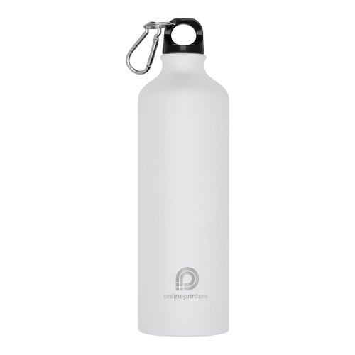 Weisse Metall-Trinkflasche mit Karabinerhaken.