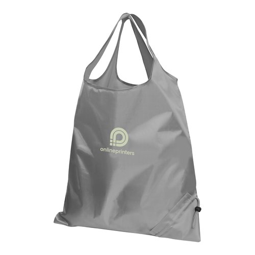 Graue Tasche aus Synthetikmaterial mit Kordelzug.
