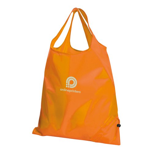 Orangefarbene Verwandlungstasche aus leichtem Material mit Kordelzug.