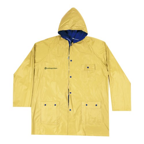 Gelb/blaue Wende-Regenjacke aus wasserabweisendem Material mit Kapuze und Taschen.
