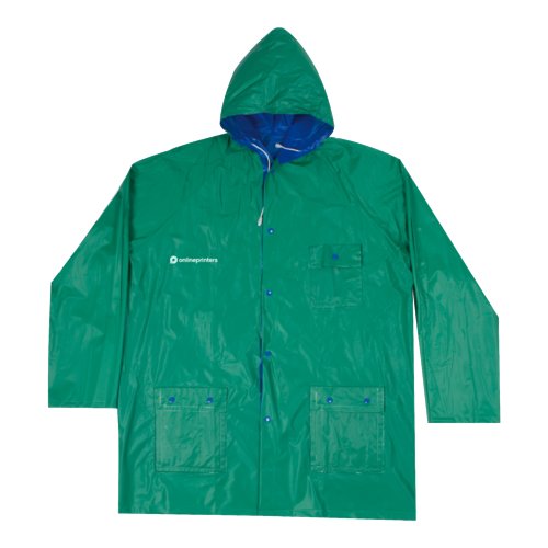 Blau-grne Regenjacke aus Synthetik, wendbar mit Kapuze und Taschen.