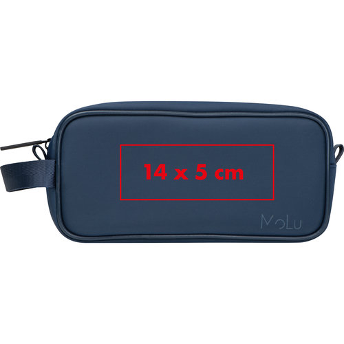 Blaue Kosmetiktasche aus Stoff mit Reiverschluss und Tragegriff.